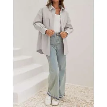 MEROKEETY Womens 2024 Fall Casual Button Down Winter Shacket Jackets Long Sleeve Coats with Pockets, LightGrey, M