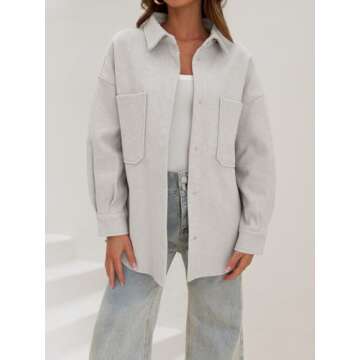 MEROKEETY Womens 2024 Fall Casual Button Down Winter Shacket Jackets Long Sleeve Coats with Pockets, LightGrey, M