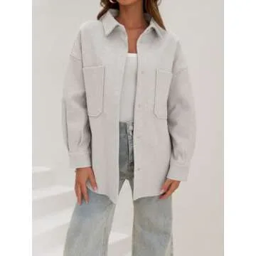 MEROKEETY Womens 2024 Fall Casual Button Down Winter Shacket Jackets Long Sleeve Coats with Pockets, LightGrey, M