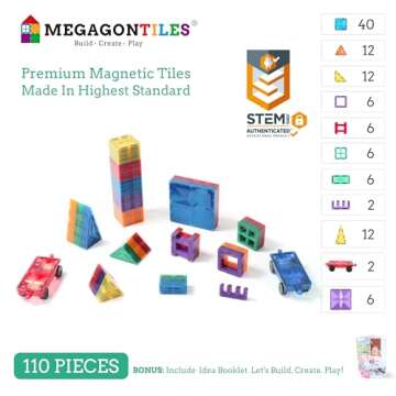 MEGAGONTILES Premium Magnetic Tiles, MEGA Magnet Tiles Set, STEM AUTHENTICATED, Magnetic Blocks, Magnetic Toys, Magnetic Building Blocks, Toddler Boys Girls 3-10 Year Old