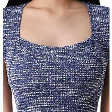 VFSHOW Womens Blue Tweed Yarn-Dyed Spring Fall Square Neck Work Business Party Bodycon Pencil Sheath Dress 10252 BLU M