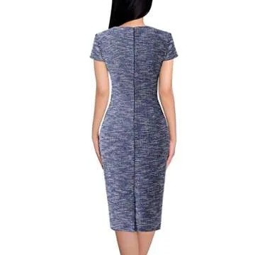 VFSHOW Womens Blue Tweed Yarn-Dyed Spring Fall Square Neck Work Business Party Bodycon Pencil Sheath Dress 10252 BLU M
