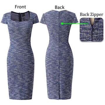 VFSHOW Womens Blue Tweed Yarn-Dyed Spring Fall Square Neck Work Business Party Bodycon Pencil Sheath Dress 10252 BLU M