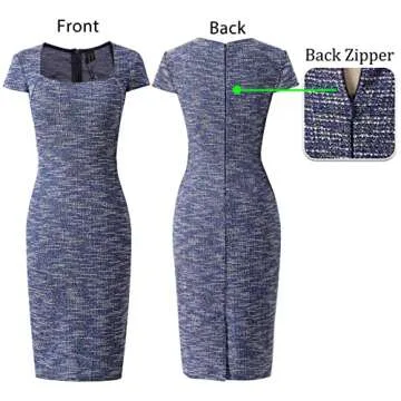 VFSHOW Womens Blue Tweed Yarn-Dyed Spring Fall Square Neck Work Business Party Bodycon Pencil Sheath Dress 10252 BLU M