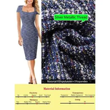 VFSHOW Womens Blue Tweed Yarn-Dyed Spring Fall Square Neck Work Business Party Bodycon Pencil Sheath Dress 10252 BLU M