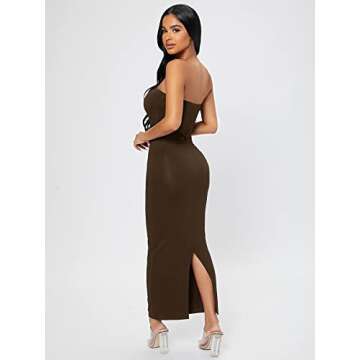 Verdusa Women's Strapless Sleeveless Split Back Long Bodycon Tube Dress Chocolate Brown Petite M