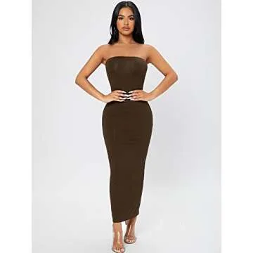 Verdusa Women's Strapless Sleeveless Split Back Long Bodycon Tube Dress Chocolate Brown Petite M
