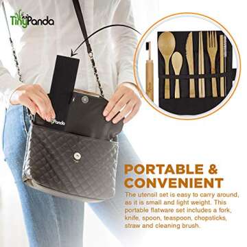 Bamboo Utensils | Bamboo Travel Cutlery Set | Reusable Utensils With Case | Camping Utensils To-Go | Bamboo Flatware Set | Travel Utensil Set | Eco Friendly Zero Waste Fork Spoon Knife Set Tiny Panda