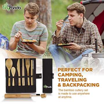 Bamboo Utensils | Bamboo Travel Cutlery Set | Reusable Utensils With Case | Camping Utensils To-Go | Bamboo Flatware Set | Travel Utensil Set | Eco Friendly Zero Waste Fork Spoon Knife Set Tiny Panda