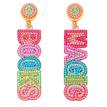 Teacher Earrings for Women Beaded Teacher Drop Earrings Delicate Rhinestone Letter FRI-YAY Books Dan...