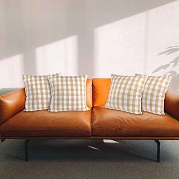 Urban Villa Buffalo Checks Throw Pillow Covers 100% Cotton 18x18 Inches Premium Quality Ultra Soft Set of 4 - Taupe/White