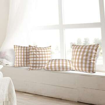 Urban Villa Buffalo Checks Throw Pillow Covers 100% Cotton 18x18 Inches Premium Quality Ultra Soft Set of 4 - Taupe/White
