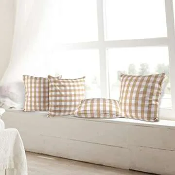 Urban Villa Buffalo Checks Throw Pillow Covers 100% Cotton 18x18 Inches Premium Quality Ultra Soft Set of 4 - Taupe/White