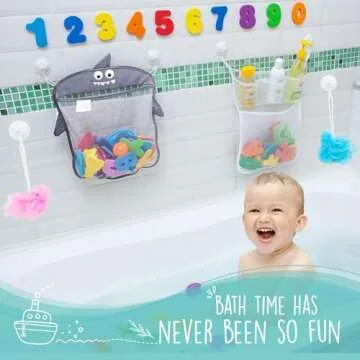 Comfylife Baby Bath Toy Organizer - Shark +36 Bath Letters & Numbers +Extra Bath Toy Storage Net & 10 Strong Hooks, Great Bath Net for Kids, Cute Bathtub Toy Organizer and Bath/Shower Caddy Solution
