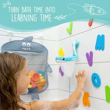 Comfylife Baby Bath Toy Organizer - Shark +36 Bath Letters & Numbers +Extra Bath Toy Storage Net & 10 Strong Hooks, Great Bath Net for Kids, Cute Bathtub Toy Organizer and Bath/Shower Caddy Solution