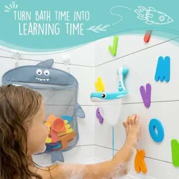 Comfylife Baby Bath Toy Organizer - Shark +36 Bath Letters & Numbers +Extra Bath Toy Storage Net & 10 Strong Hooks, Great Bath Net for Kids, Cute Bathtub Toy Organizer and Bath/Shower Caddy Solution