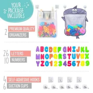 Comfylife Baby Bath Toy Organizer - Shark +36 Bath Letters & Numbers +Extra Bath Toy Storage Net & 10 Strong Hooks, Great Bath Net for Kids, Cute Bathtub Toy Organizer and Bath/Shower Caddy Solution