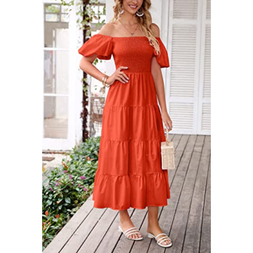 PRETTYGARDEN Summer Midi Dress with Puffy Sleeves