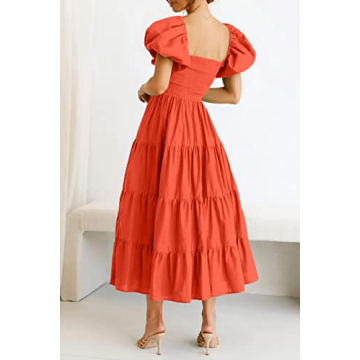 PRETTYGARDEN Summer Midi Dress with Puffy Sleeves