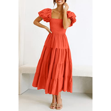 PRETTYGARDEN Summer Midi Dress with Puffy Sleeves