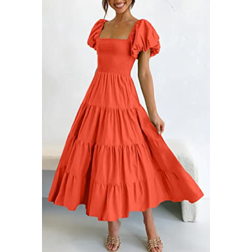 PRETTYGARDEN Summer Midi Dress with Puffy Sleeves