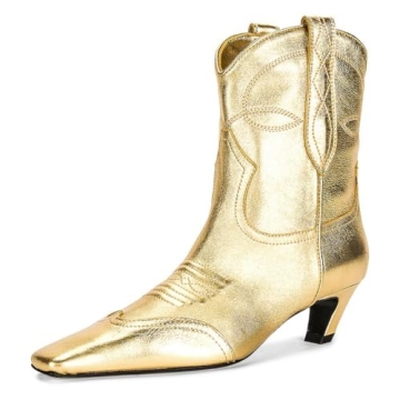 FSJ Women’s Square Toe Comfort Kitten Low Heel Ankle Booties - Stylish Gold Design