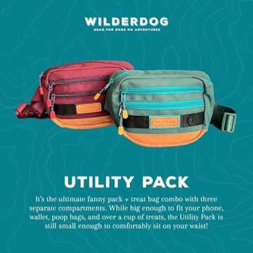 Wilderdog Utility Fanny Pack stores Treats, Balls, Keys in 3 Pockets with adjustable strap and Poop Bag dispenser (Black)