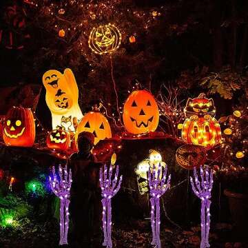 Halloween Decorations Outdoor, 4 Pack Light Up Skeleton Arm Decorations, 100 LED Purple & Orange Lights with 11 Modes, Lighted Holiday Party Home Yard Path Garden, Indoor Outdoor Decor