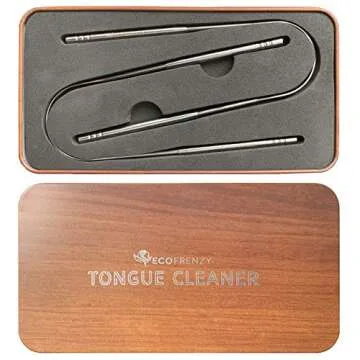 Tongue Scraper - Surgical Grade Stainless Steel Tongue Cleaner - Non-Synthetic Grip - Pack of 2 - Includes Tin Metal Travel Case.