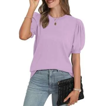 WIHOLL Womens Tops Puff Short Sleeve Sweater for Women Summer Tops T Shirts Cute Teacher Clothes Work Business Casual Outfits Basic Tees 2025 Light Purple M