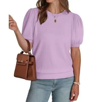 WIHOLL Womens Tops Puff Short Sleeve Sweater for Women Summer Tops T Shirts Cute Teacher Clothes Work Business Casual Outfits Basic Tees 2025 Light Purple M