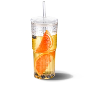 MINGHYZYA 20 OZ Iced Coffee Cup With Glass Lids and Straws,High Borosilicate Glass Tumbler Cup Reusa...