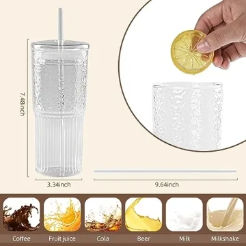 MINGHYZYA 20 OZ Iced Coffee Cup With Glass Lids and Straws,High Borosilicate Glass Tumbler Cup Reusable Wide Mouth Smoothie Cups(Clear,1cup)…