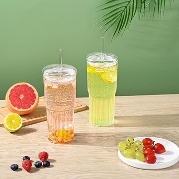 MINGHYZYA 20 OZ Iced Coffee Cup With Glass Lids and Straws,High Borosilicate Glass Tumbler Cup Reusable Wide Mouth Smoothie Cups(Clear,1cup)…