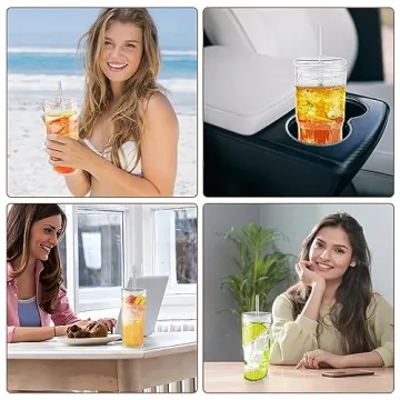 MINGHYZYA 20 OZ Iced Coffee Cup With Glass Lids and Straws,High Borosilicate Glass Tumbler Cup Reusable Wide Mouth Smoothie Cups(Clear,1cup)…