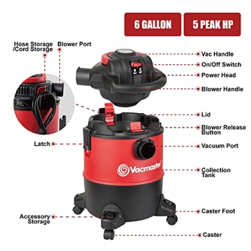 Vacmaster VBVB611PF 1101 6 Gallon 5 Peak HP Wet Dry Vacuum 1-1/4 Inch Hose Powerful Suction with Detachable Blower