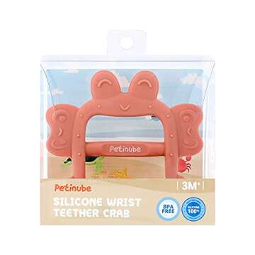 PETINUBE Baby Wrist Silicone Teether Soothing Pacifier for Infants 3+ Months Babies, Pack of 1, Made in Korea Anti-Dropping (Crab-Baby Coral)