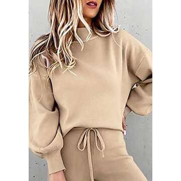 TOLENY Women 2 Piece Sweatsuit Outfits Long Sleeve Sweatshirt Drawstring Sweatpants Lounge Wear Set Khaki S