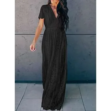 BLENCOT Womens Floral Lace Deep V Neck Maxi Dress