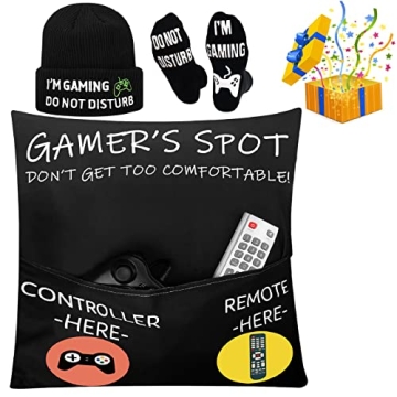 Gamer Gifts for Gamers – Pocket Design Game Throw Pillow Cover 18”x18” W/ Gaming Socks Beanie,...