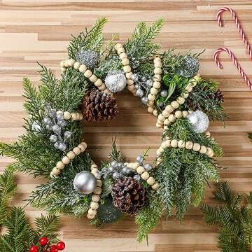 Yuxung 2 Pcs 18 ft Boho Christmas Wood Bead Garland Vintage Natural Wooden Beads Garland Decorative Rustic Holiday Christmas Tree Garland Country Farmhouse Christmas Decor for Indoor Home Use(Wood)