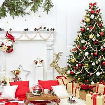 Yuxung 2 Pcs 18 ft Boho Christmas Wood Bead Garland Vintage Natural Wooden Beads Garland Decorative Rustic Holiday Christmas Tree Garland Country Farmhouse Christmas Decor for Indoor Home Use(Wood)