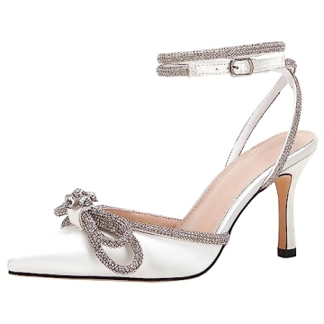 VETASTE Women's Double Bow Pointed Toe Ankle Strap Crystal Pumps