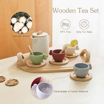 Wooden Tea Party Set for Little Girls 14pcs Toddler Tea Set with Silicone Teapot Cups Carrying Tray ...