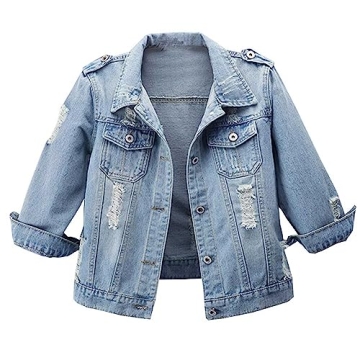 Hixiaohe Women Autumn 3/4 Sleeve Retro Short Denim Jackets Light Blue Jean Coats