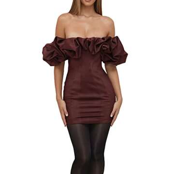 HYxwrjoker Women Sexy Bodycon Dress Puff Sleeve Cocktail Evening Party Elegant Mini Dresses(Short Sl...