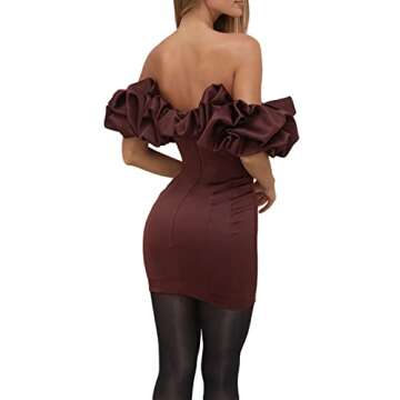 HYxwrjoker Women Sexy Bodycon Dress Puff Sleeve Cocktail Evening Party Elegant Mini Dresses(Short Sleeve-Brown,S)