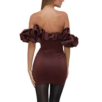 HYxwrjoker Women Sexy Bodycon Dress Puff Sleeve Cocktail Evening Party Elegant Mini Dresses(Short Sleeve-Brown,S)