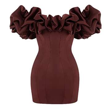 HYxwrjoker Women Sexy Bodycon Dress Puff Sleeve Cocktail Evening Party Elegant Mini Dresses(Short Sleeve-Brown,S)
