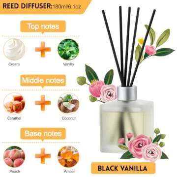 Brakula Black Vanilla Reed Diffuser Set - Scented Oil Diffuser with 10 Sticks, 6.1 oz /180ml, Home F...